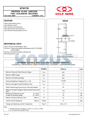 BYW178 datasheet - SINTERED GLASS JUNCTION FAST AVALANCHE RECTIFIER VOLTAGE: 800V CURRENT: 3.0A