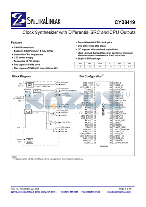 CY28419OCT datasheet - Clock Synthesizer with Differential SRC and CPU Outputs