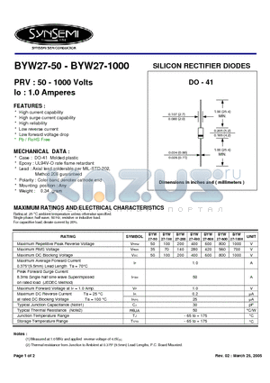 BYW27-100 datasheet - SILICON RECTIFIER DIODES