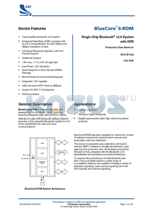 BC41B143A-DS-001PE datasheet - BlueCpre 4-ROM Single Chip Bluetooth v2.0 System with EDR
