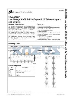 54LCX16374W-QML datasheet - Low Voltage 16-Bit D Flip-Flop with 5V Tolerant Inputs and Outputs