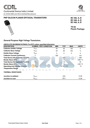 BC450B datasheet - PNP SILICON PLANAR EPITAXIAL TRANSISTORS