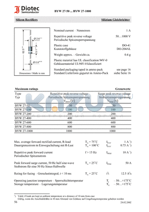 BYW27-200 datasheet - Silicon Rectifiers