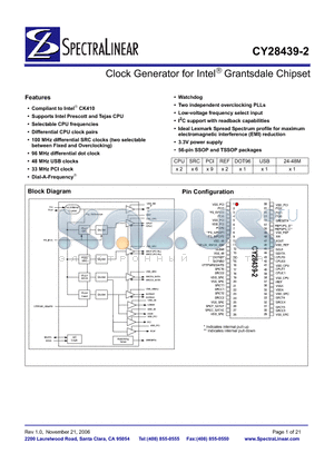 CY28439OXC-2T datasheet - Clock Generator for Intel Grantsdale Chipset