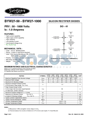BYW27-400 datasheet - SILICON RECTIFIER DIODES