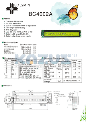 BC4002A datasheet - COB with metal frame 5x7 dots with cursor