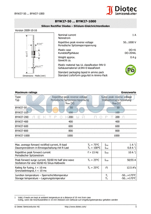 BYW27-50_09 datasheet - Silicon Rectifier Diodes - Silizium-Gleichrichterdioden