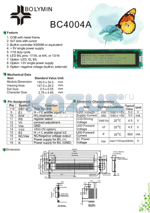 BC4004A datasheet - COB with metal frame 5x7 dots with cursor