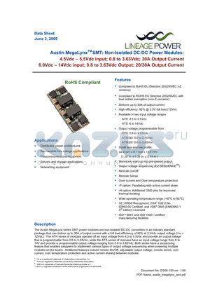 ATS020A0X3-SRPHZ datasheet - 4.5 - 5.5Vdc input; 0.8 to 3.63Vdc Output; 30A output current, 6.0 - 14Vdc Input; 0.8Vdc to 3.63Vdc Output; 20/30A output