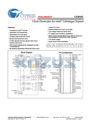 CY28443OXCT datasheet - Clock Generator for Intel^ Calistoga Chipset