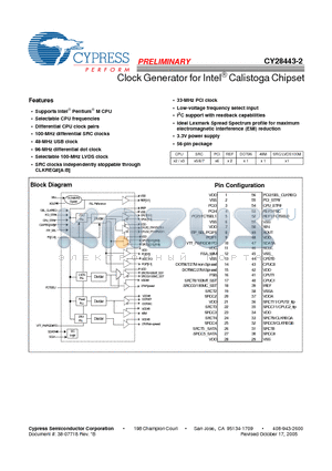 CY28443ZXC-2T datasheet - Clock Generator for Intel^ Calistoga Chipset