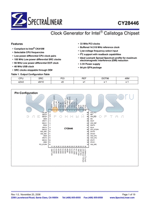 CY28446 datasheet - Clock Generator for Intel^ Calistoga Chipset