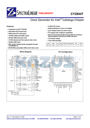 CY28447 datasheet - Clock Generator for Intel^ Calistoga Chipset
