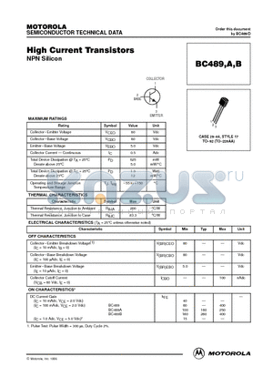 BC489A datasheet - High Current Transistors(NPN Silicon)