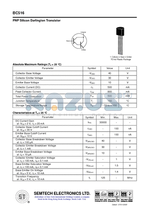 BC516 datasheet - PNP Silicon Darlington Transistor