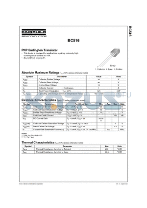 BC516_D27Z datasheet - PNP Darlington Transistor