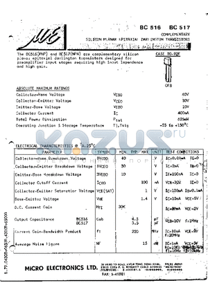 BC517 datasheet - COMPLEMENTARY SILICON PLANAR EPITAXIAL DARLINGTON TRANSISTOR