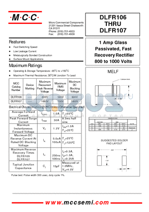 DLFR106 datasheet - 1 Amp Glass Passivated, Fast Recovery Rectifier 800 to 1000 Volts