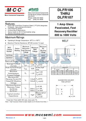 DLFR106 datasheet - 1 Amp Glass Passivated, Fast Recovery Rectifier 800 to 1000 Volts