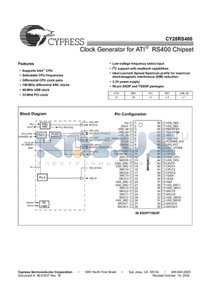 CY28RS400OC datasheet - Clock Generator for ATI RS400 Chipset