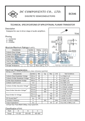 BC546 datasheet - TECHNICAL SPECIFICATIONS OF NPN EPITAXIAL PLANAR TRANSISTOR