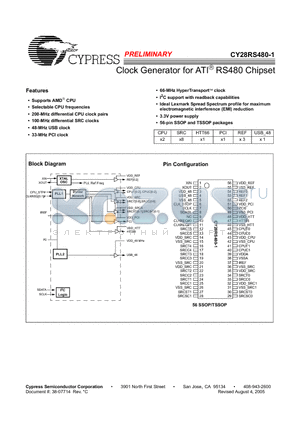 CY28RS480ZXC-1T datasheet - Clock Generator for ATI RS480 Chipset