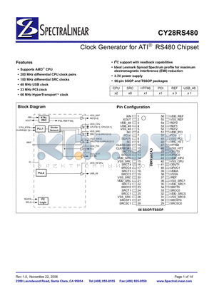 CY28RS480OXCT datasheet - Clock Generator for ATI RS480 Chipset