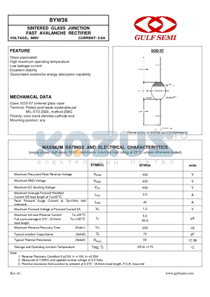 BYW36 datasheet - SINTERED GLASS JUNCTION FAST AVALANCHE RECTIFIER VOLTAGE600V CURRENT: 2.0A