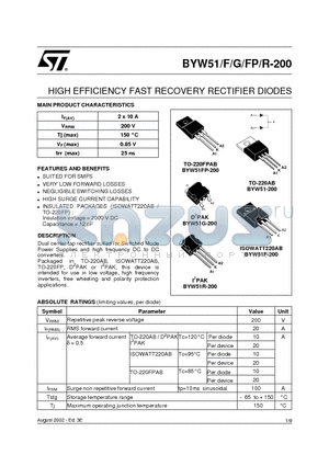 BYW51FP-200 datasheet - HIGH EFFICIENCY FAST RECOVERY RECTIFIER DIODES