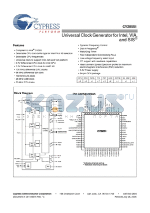 CY28551LFXCT datasheet - Universal Clock Generator for Intel, VIA, and SIS^