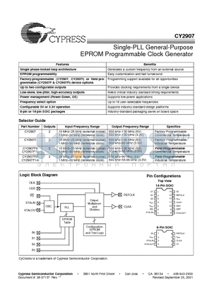 CY2907F14I datasheet - Single-PLL General-Purpose EPROM Programmable Clock Generator