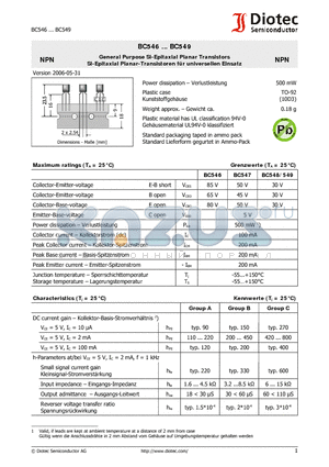 BC546 datasheet - General Purpose Si-Epitaxial Planar Transistors