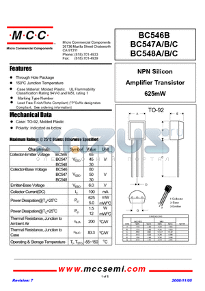 BC546B_08 datasheet - NPN Silicon Amplifier Transistor 625mW