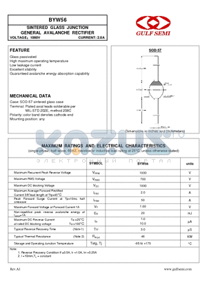 BYW56 datasheet - SINTERED GLASS JUNCTION GENERAL AVALANCHE RECTIFIER VOLTAGE1000V CURRENT: 2.0A