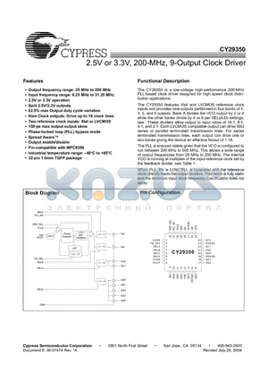 CY29350 datasheet - 2.5V or 3.3V, 200-MHz, 9-Output Clock Driver
