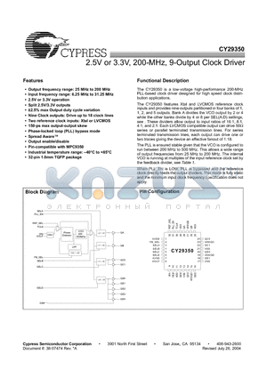 CY29350AI datasheet - 2.5V or 3.3V, 200-MHz, 9-Output Clock Driver