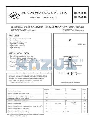 DLM4148 datasheet - TECHNICAL SPECIFICATIONS OF SURFACE MOUNT SWITCHING DIODES VOLTAGE RANGE - 100 Volts