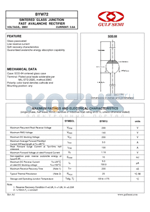 BYW72 datasheet - SINTERED GLASS JUNCTION FAST AVALANCHE RECTIFIER VOLTAGE200V CURRENT: 3.0A
