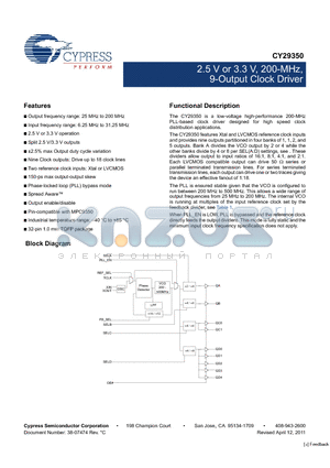 CY29350_11 datasheet - 2.5 V or 3.3 V, 200-MHz, 9-Output Clock Driver Nine Clock outputs: Drive up to 18 clock lines