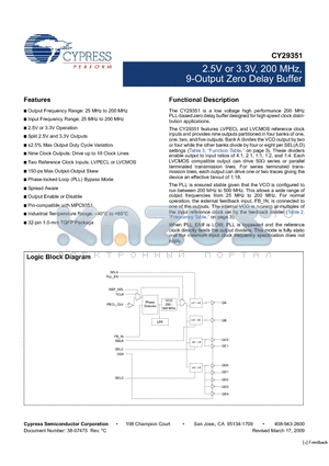 CY29351AXI datasheet - 2.5V or 3.3V, 200 MHz, 9-Output Zero Delay Buffer