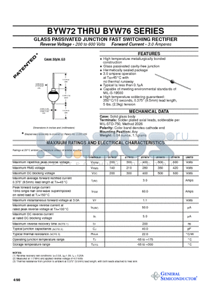 BYW72 datasheet - GLASS PASSIVATED JUNCTION FAST SWITCHING RECTIFIER