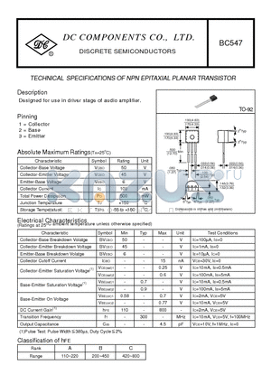BC547 datasheet - TECHNICAL SPECIFICATIONS OF NPN EPITAXIAL PLANAR TRANSISTOR