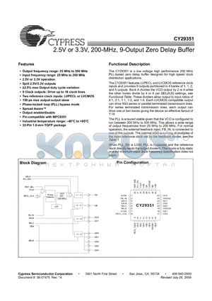 CY29351AI datasheet - 2.5V or 3.3V, 200-MHz, 9-Output Zero Delay Buffer