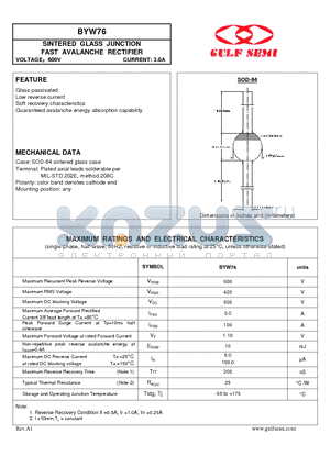 BYW76 datasheet - SINTERED GLASS JUNCTION FAST AVALANCHE RECTIFIER VOLTAGE600V CURRENT: 3.0A