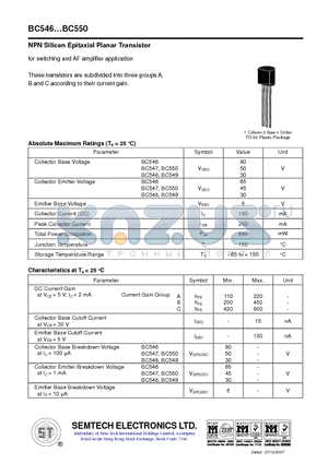 BC547 datasheet - NPN Silicon Epitaxial Planar Transistor