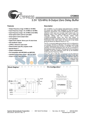 CY29653AC datasheet - 3.3V 125-MHz 8-Output Zero Delay Buffer