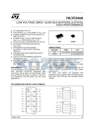 74LVC244A datasheet - LOW VOLTAGE CMOS QUAD BUS BUFFERS (3-STATE) HIGH PERFORMANCE