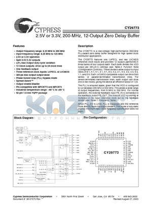 CY29773AIT datasheet - 2.5V or 3.3V, 200-MHz, 12-Output Zero Delay Buffer