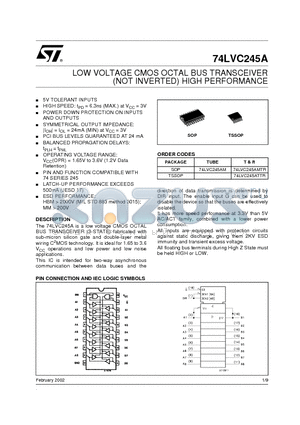 74LVC245A datasheet - LOW VOLTAGE CMOS OCTAL BUS TRANSCEIVER (NOT INVERTED) HIGH PERFORMANCE