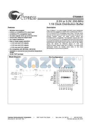 CY29940AC-1 datasheet - 2.5V or 3.3V, 200-MHz 1:18 Clock Distribution Buffer